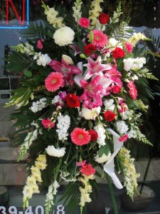 Pink Daisies and Lilies, Red Roses, and White Chrysanthemum Standing Spray 